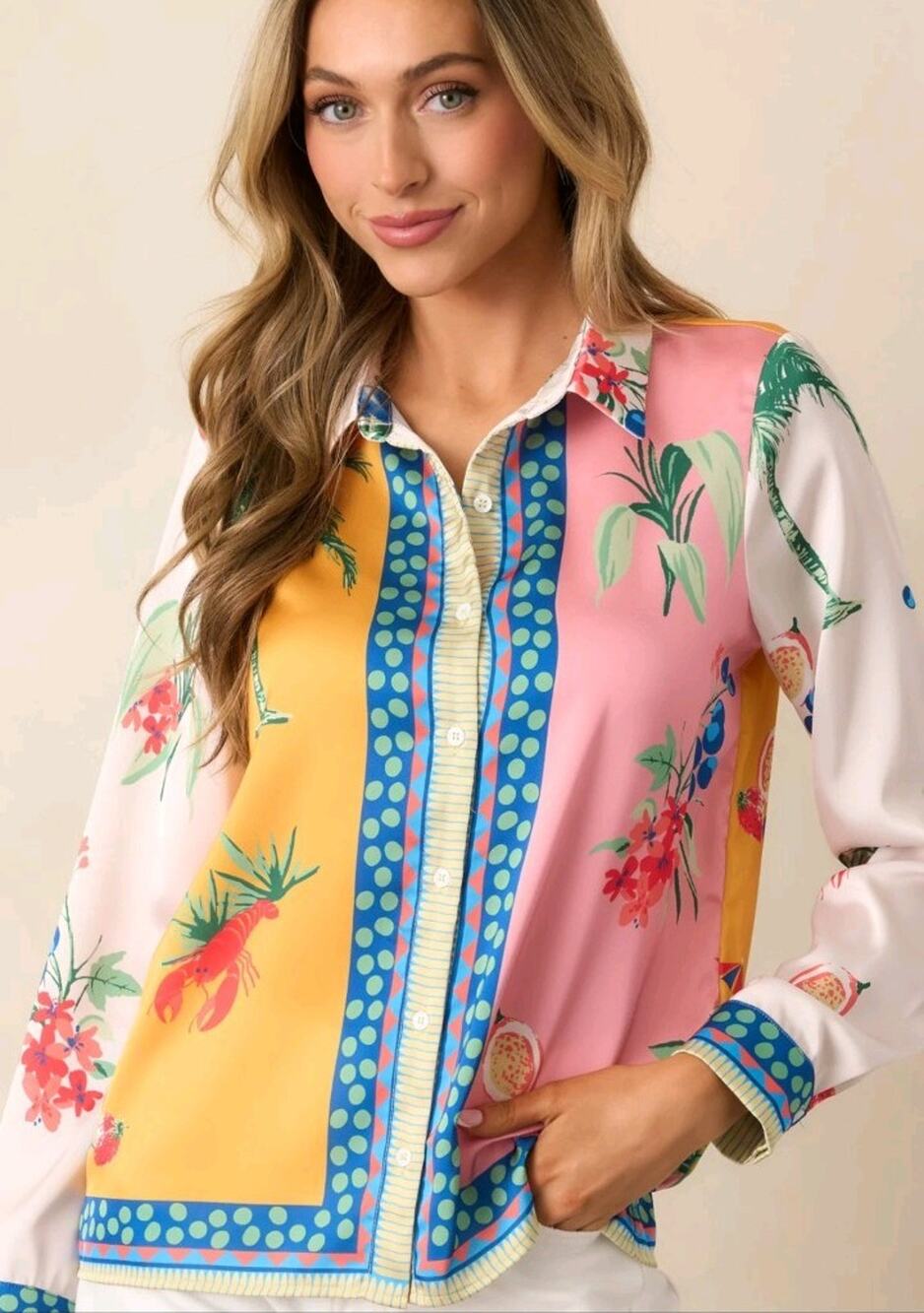 Skies Are Blue Satin Button Front Long Sleeve Blouse Tropical Vacation